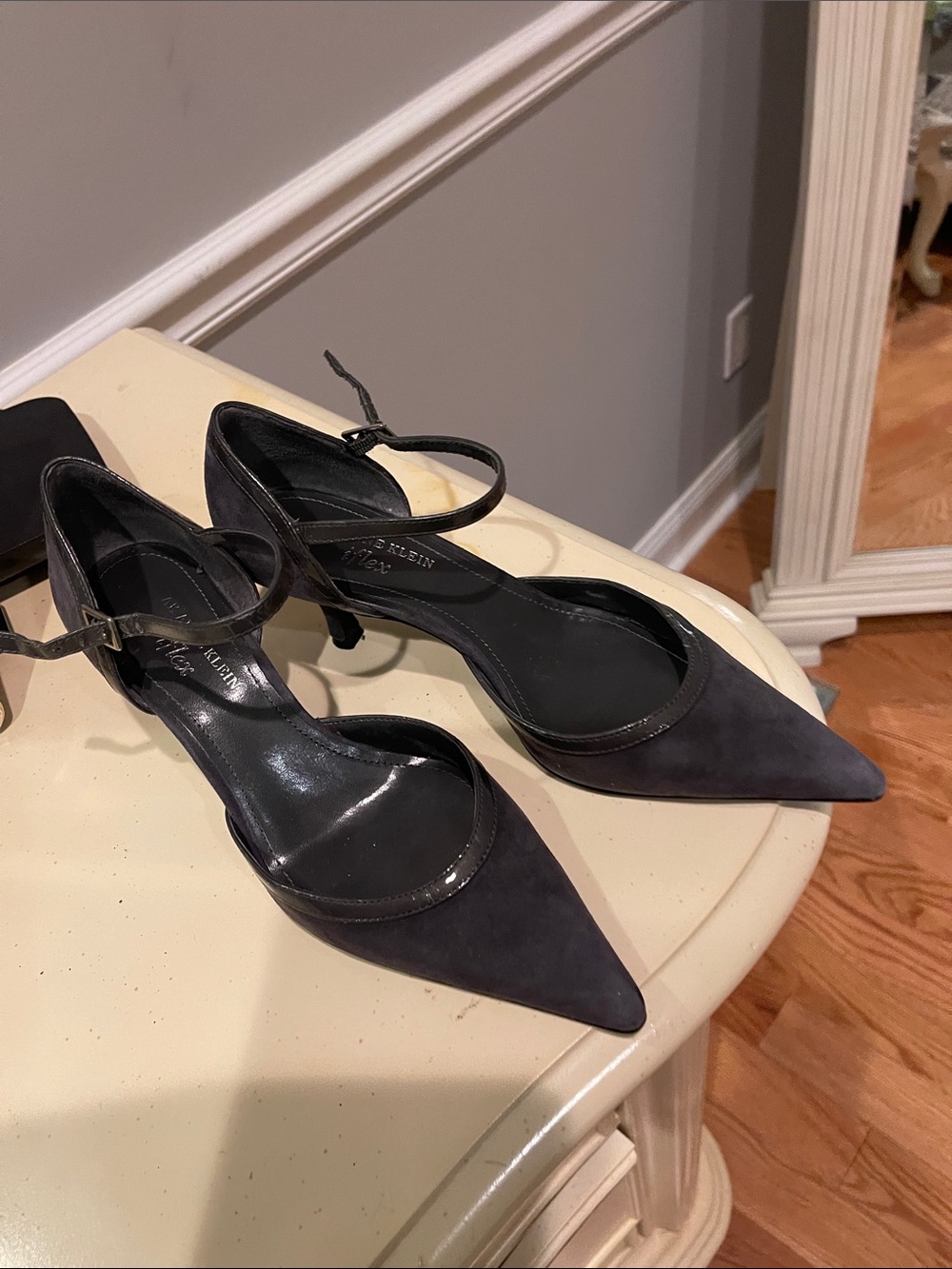Anne Klein Pointed Toe Ankle-Strap Heels in Charcoal